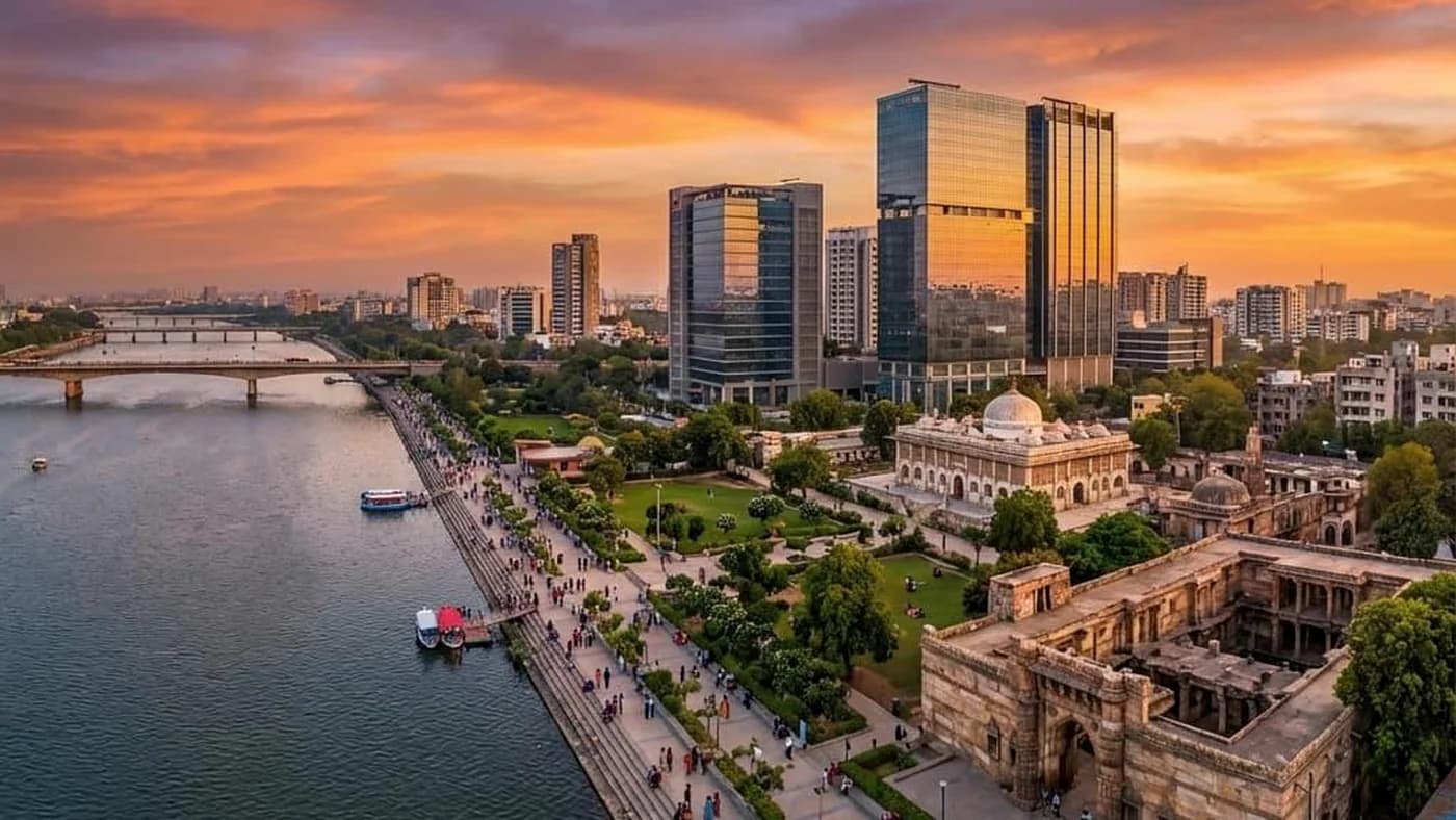 Ahmedabad skyline at sunset along the Sabarmati riverfront
