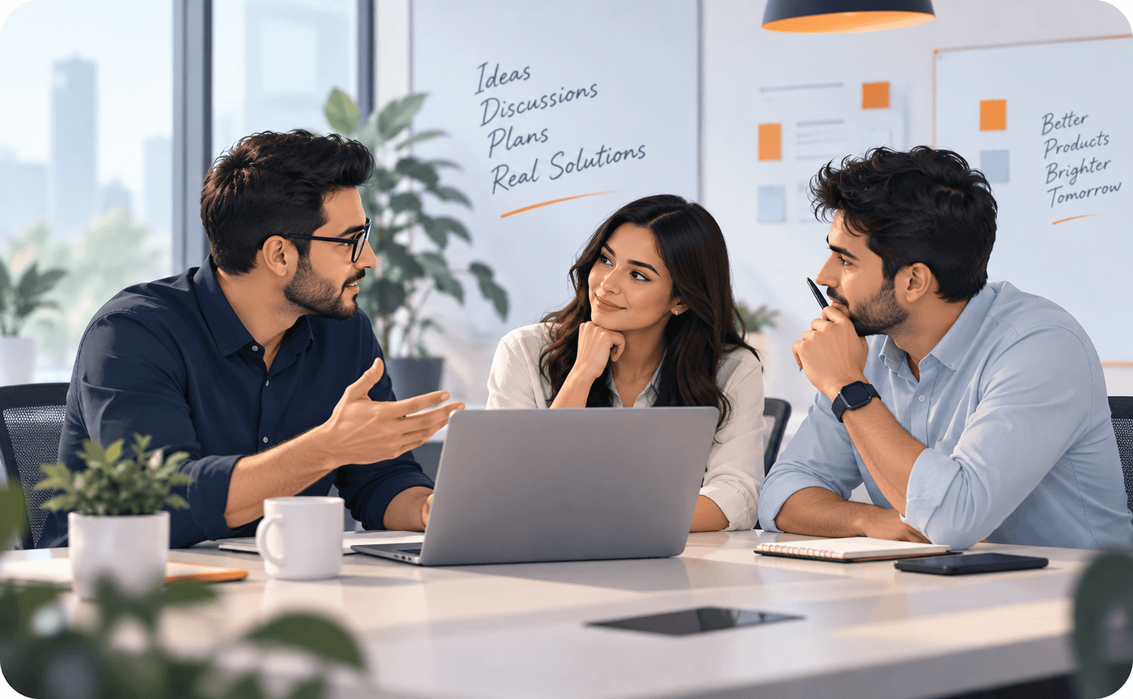 The SquareBlitz team discussing a project plan around a laptop